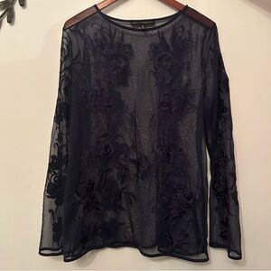 White House Black Market Dark Navy Embellished Long Sleeve Blouse